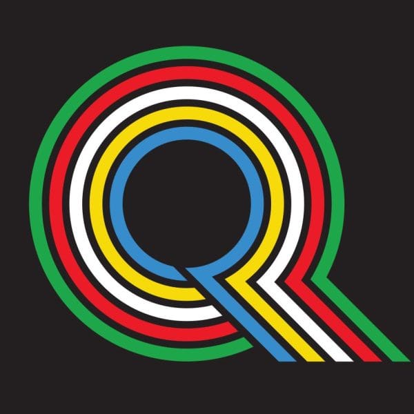 The letter Q in the colours of Disability Pride - blue, yellow, white, red and green